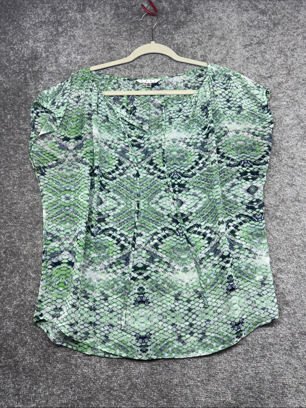 CAbi Blouse Womens M Pattern Green Shirt Abstract Snake Print Semi Sheer